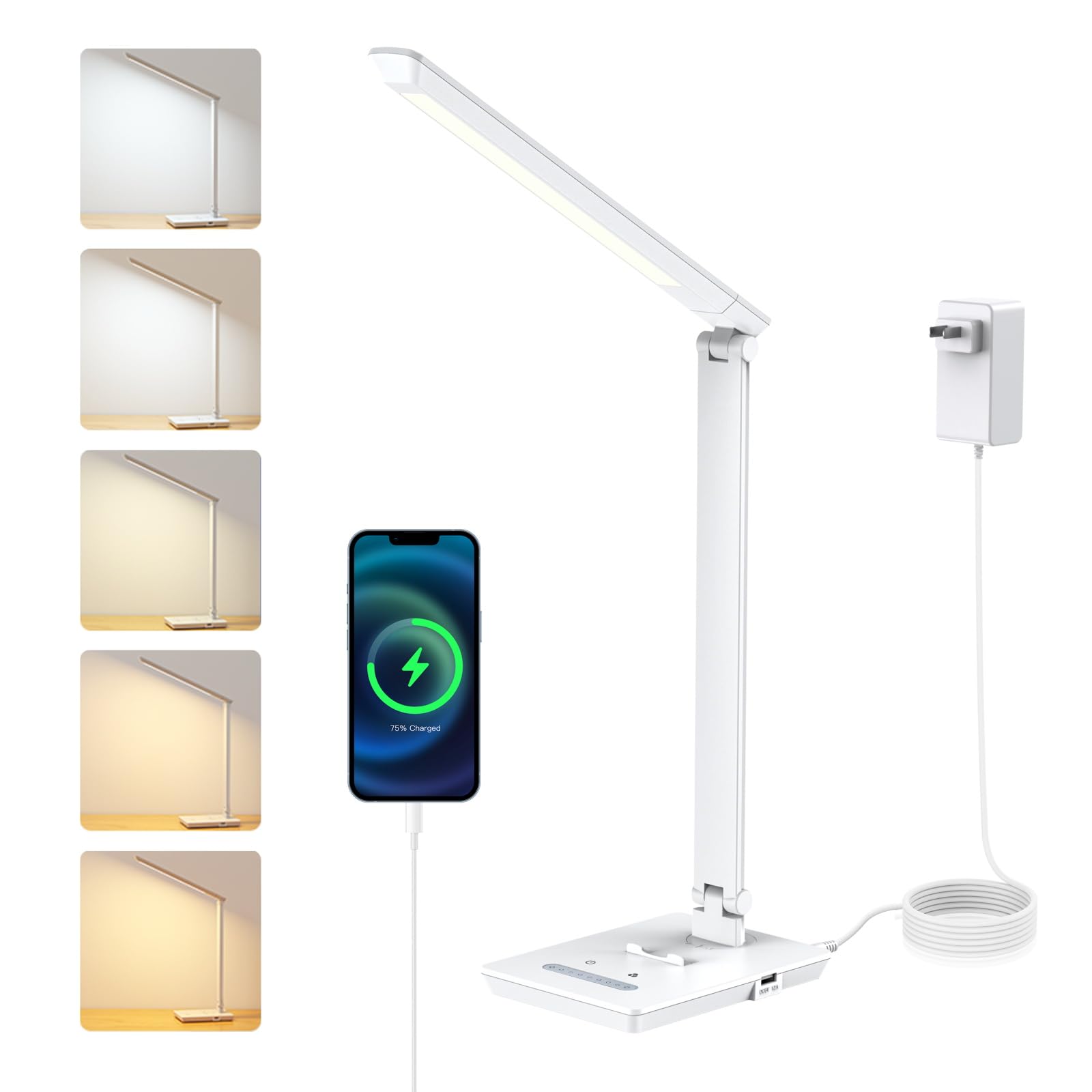 ANNAITE UK Plug Adapter Desk Lamp for 9 Level Brightness Touch Control & 5 Lighting Modes, 14W 900LM Dimmable Eye-Caring Reading