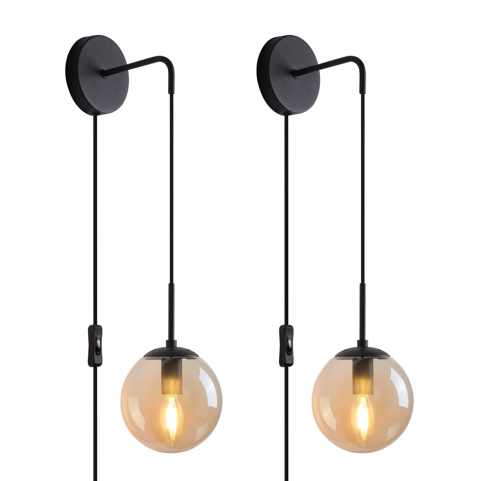 Wall Sconces Set Of Two Matte Black ?????? Wall Lights For Bedroom Plug In Wall Sconces Set Of 2 With Globe Amber Glass Shade In