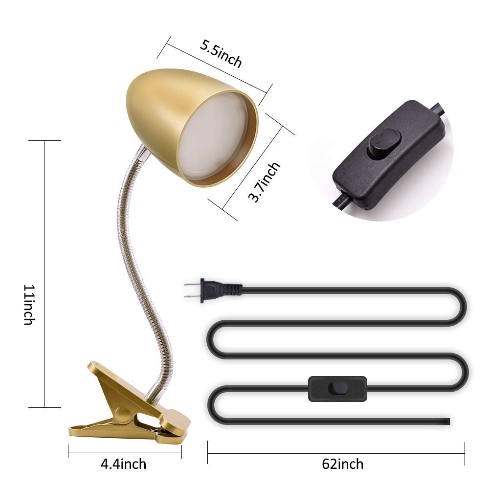 Energetic Clip on Lamp - 3.5W Flexible Gooseneck Light, 4000K Cool White, Eye Protection, Gold, Model MTL1001BJG