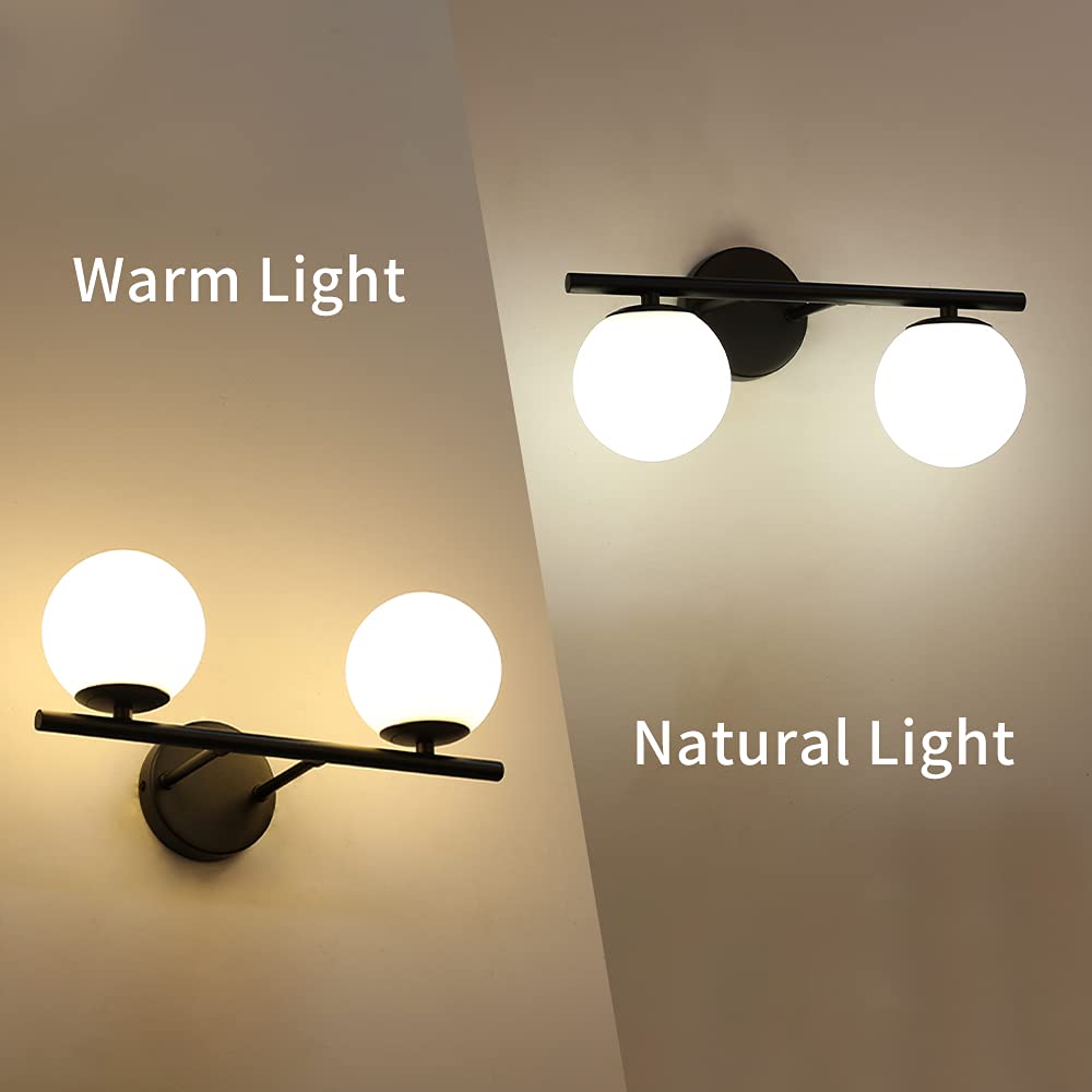 YHTlaeh New Bathroom 2 Vanity Light Fixtures Brushed Black Milk White Globe Glass Shade Modern Wall Bar Sconce Over Mirror