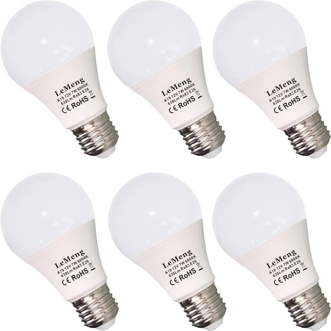 LEMENG 12V LED Light Bulb 7W 630Lm E26 Base, 6000K Daylight White, 6 Pack, Low Voltage, Ideal for Off-Grid Solar Lighting
