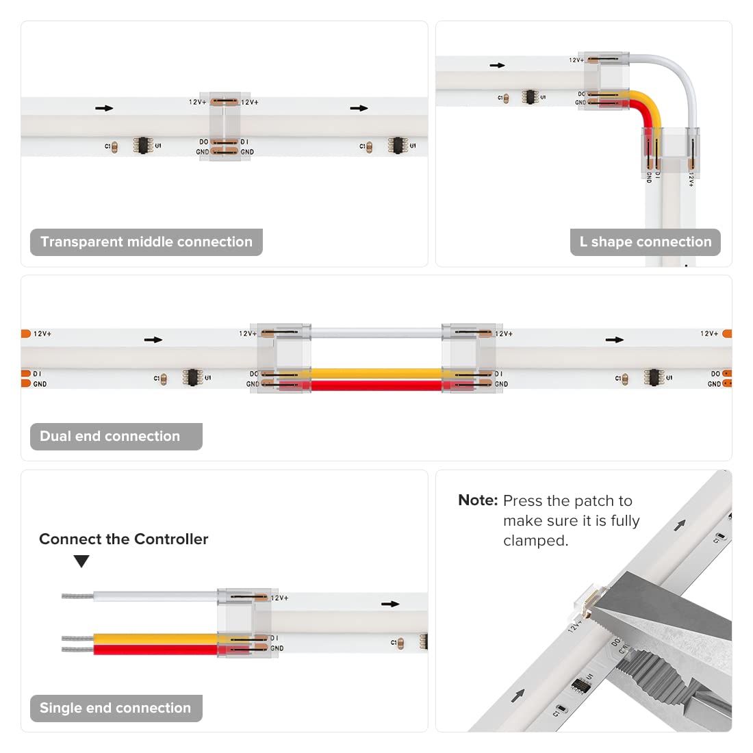 Btf-Lighting Cob 3Pin 12Mm Width Transparent Connector Kit 8 Pairs Of Wire To Strip,8Pcs Gapless Connectors Only Support Fcob Spi Ws2811 720Led/M Rgb (+ Di Gnd) 3 Wires Led Light