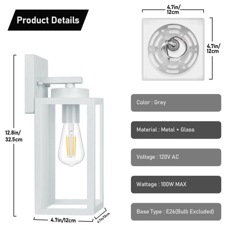 Beslowe 2-Pack Outdoor Wall Light Fixtures, Exterior Waterproof Wall Lanterns, Porch Sconces Wall Mounted Lighting With E26 Sockets & Glass Shades, Modern Wall Lamps For Front Door, Grey