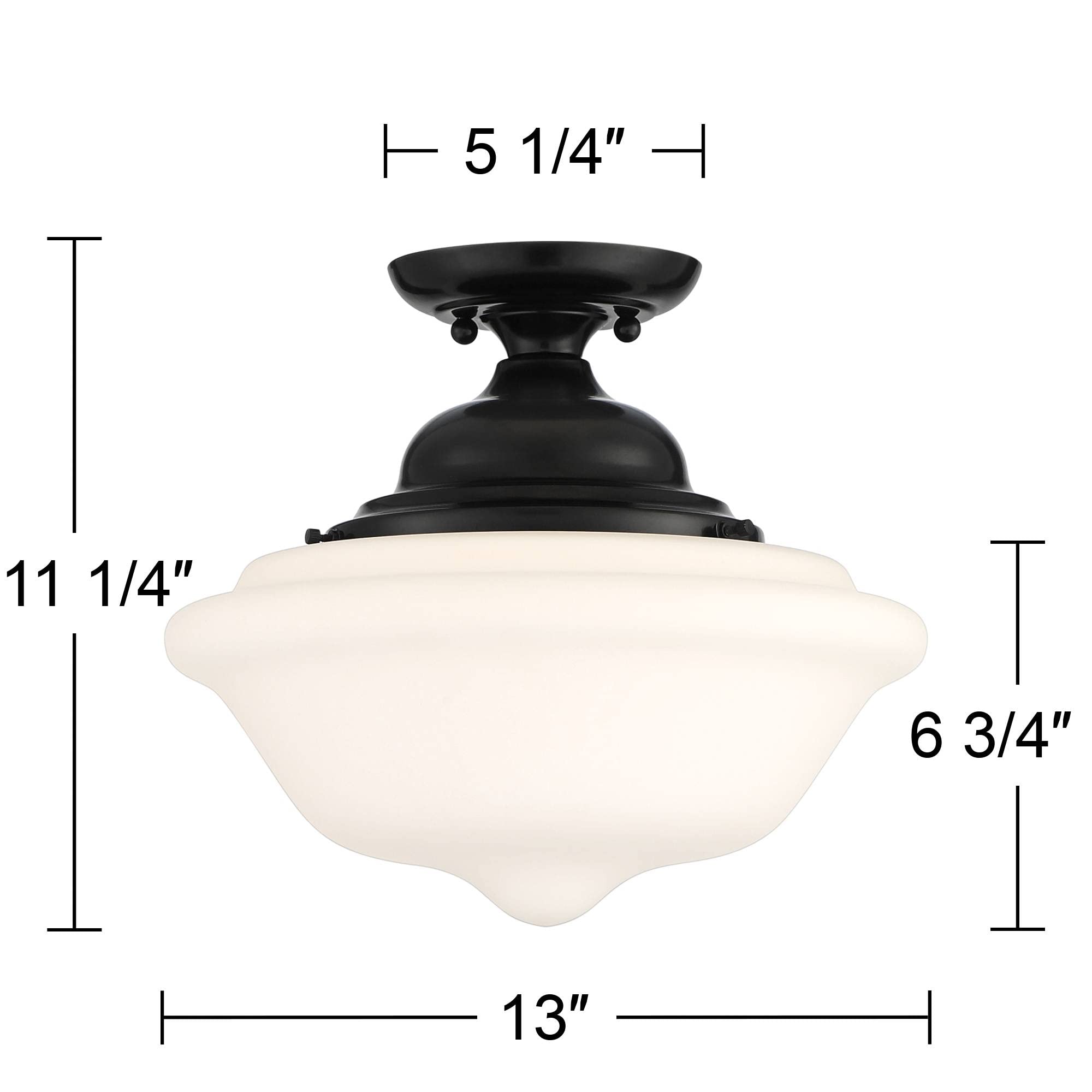 Regency Hill Ceiling Light Fixture, Vintage Rustic Farmhouse, 13in Wide, Gloss Black with White Glass Shade, Model 747V0