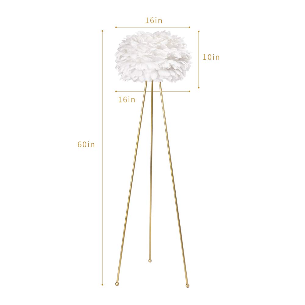 Maxax 60 Tripod Floor Lamp - Modern Gold With White Feather Shade, F21 Model For Bedroom, Dining Room, Living Room, Kitchen