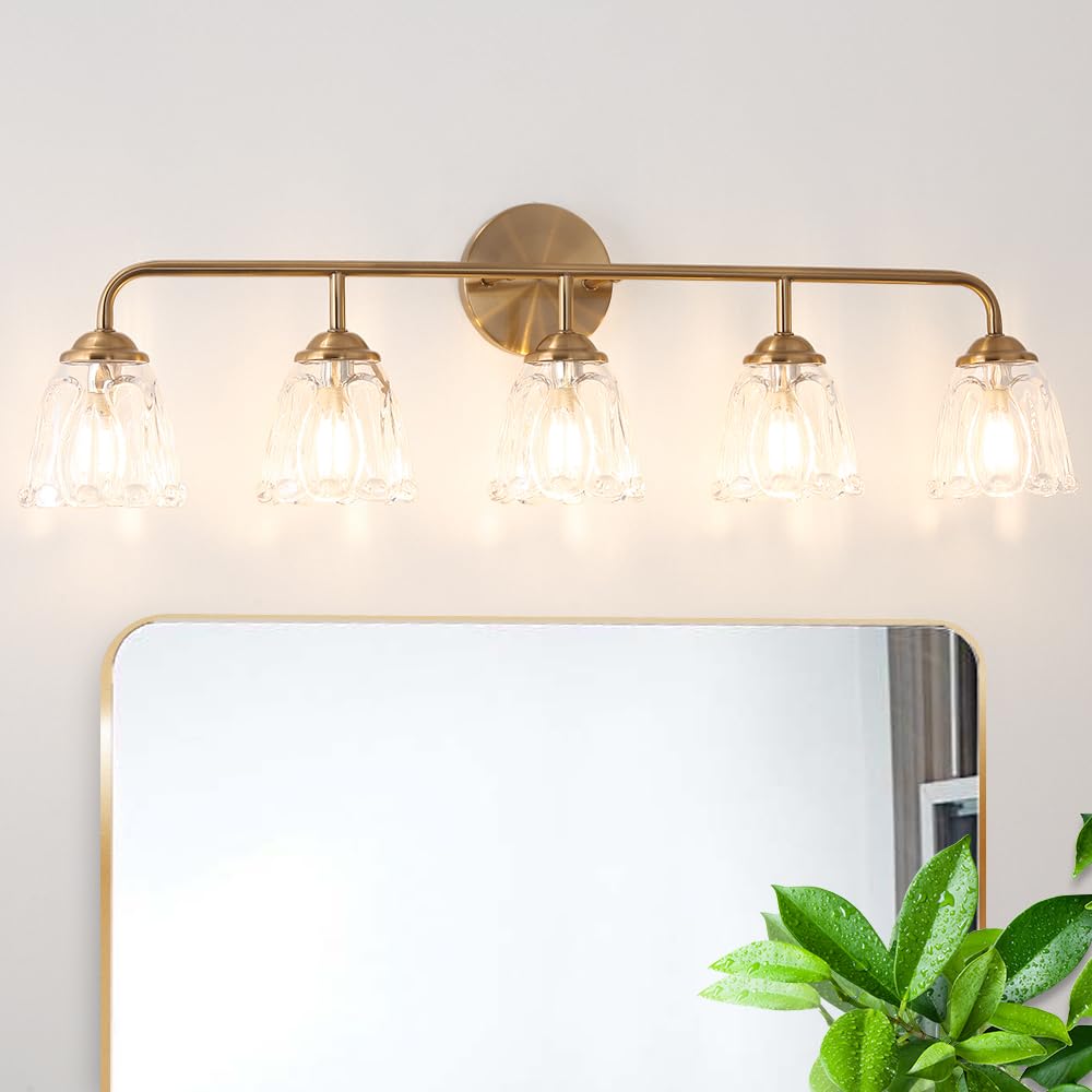 5-Light Vintage Vanity Light, Brushed Brass Vanity Lights For Bathroom, Elegant Bathroom Lighting Fixtures Over Mirror, Bathroom