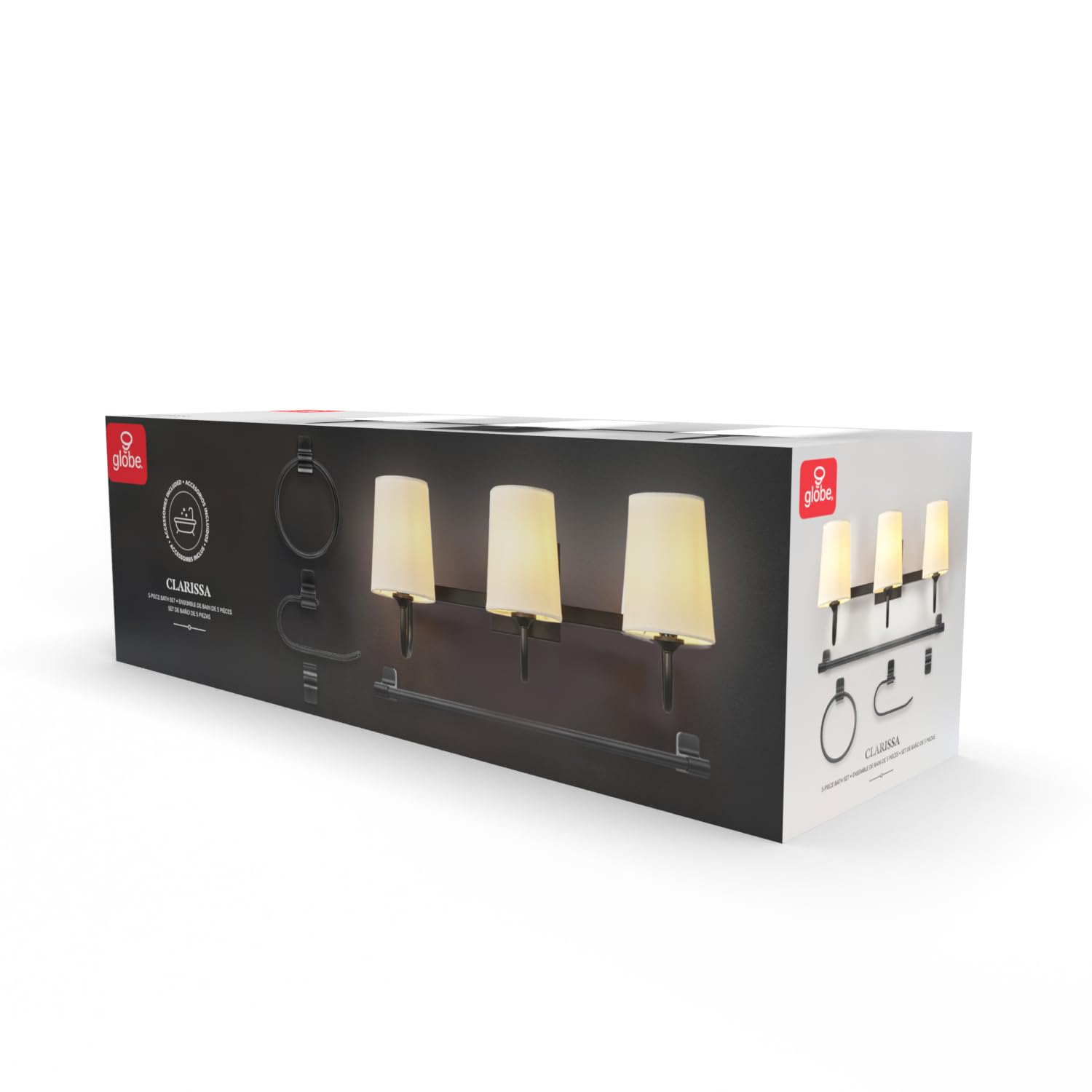 Globe Electric 63000206 5-Piece All-In-One Bath Set With 22'' 3-Light Vanity Light, Matte Black, Damp Rated Linen Shades, Towel