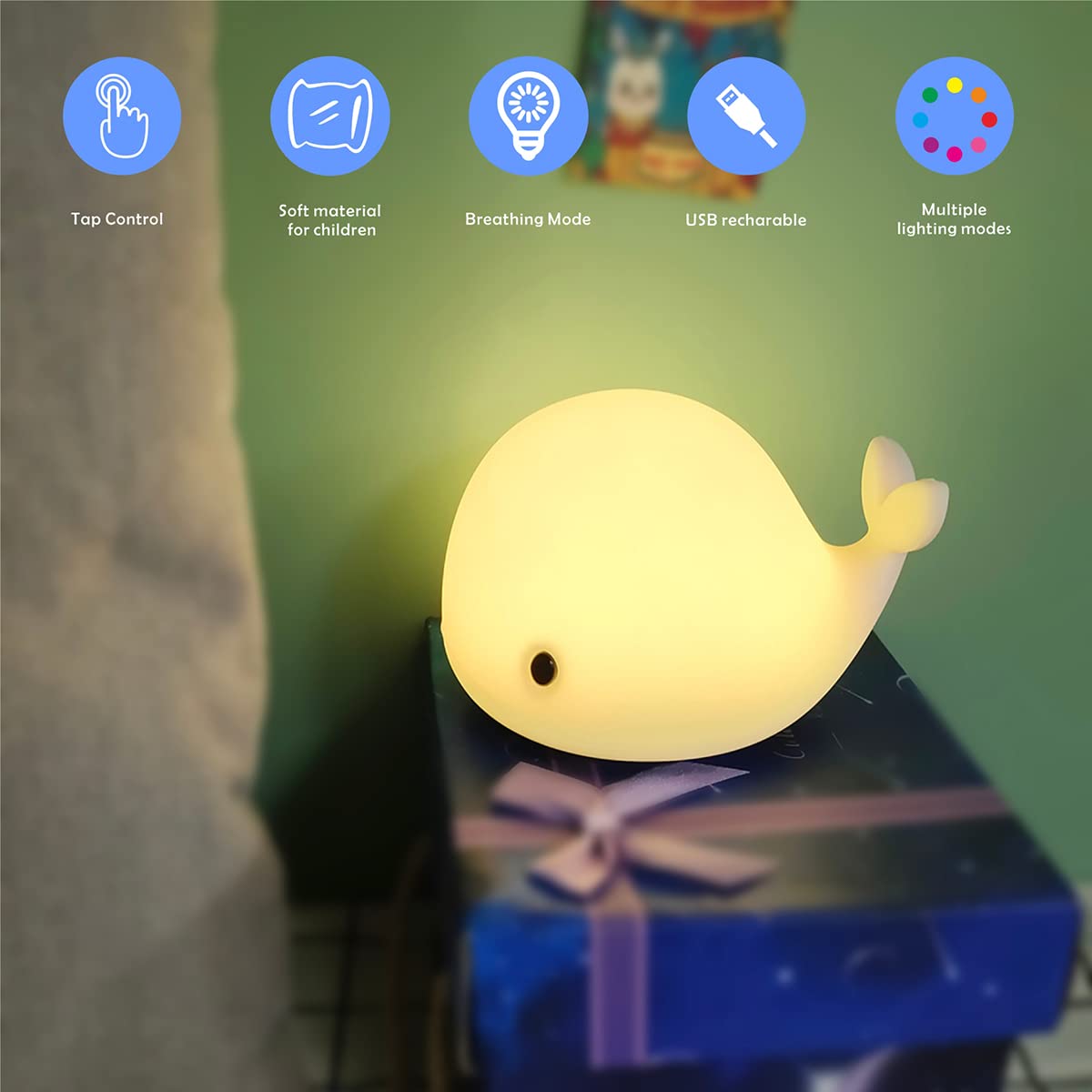 LEDHOLYT Dolphin Night Light for Kids, Silicone Bedside Lamp, Cute Nursery Design