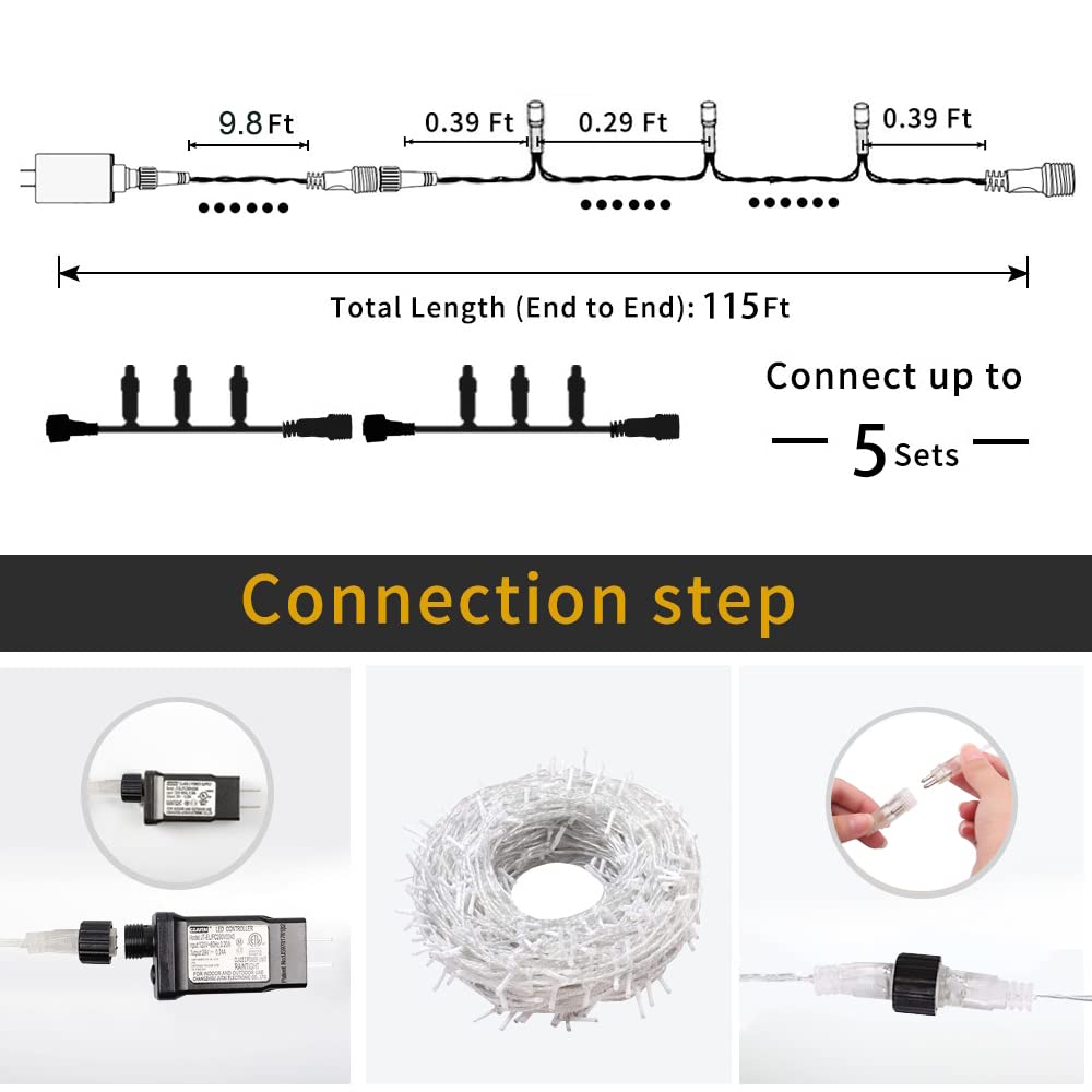 Indoor Christmas Lights Cool White - 320 Leds 115Ft/35M End-To-End 8 Modes Plug In Outdoor Waterproof Decorative Fairy Twinkle String Lights For Xmas Tree/New Year/Thanksgiving Day/Wedding/Patio/Home