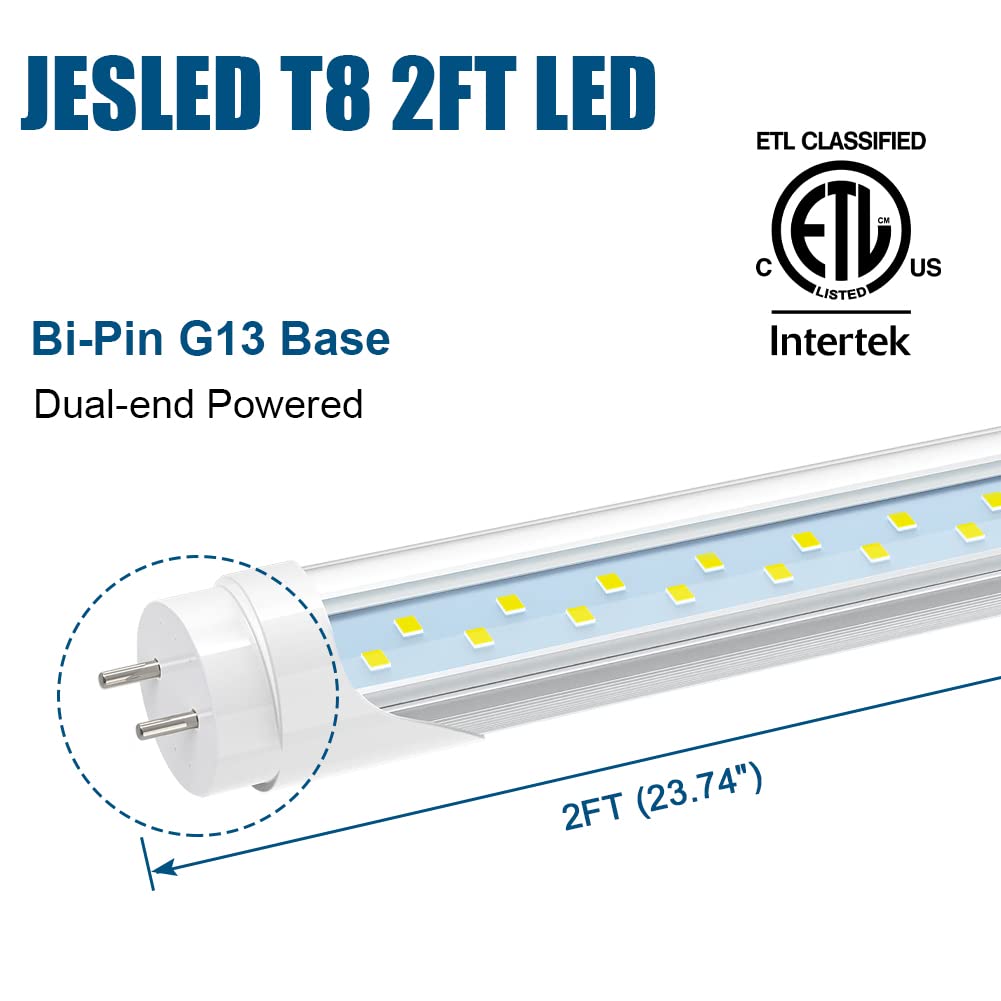 Jesled 2Ft T8 Led Type A+B Tube Light, 12W(30W Equivalent), 1680Lm, 6000K, Plug And Play Or Ballast Bypass, 24 Inch F20T12 Fluor