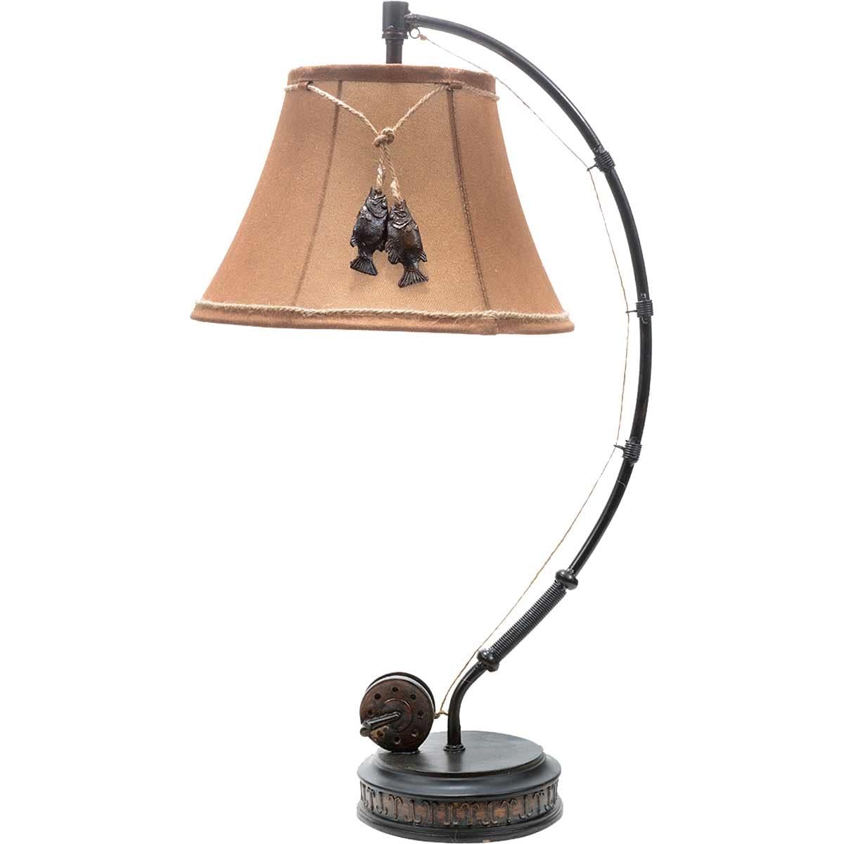 BLACK FOREST DECOR Fishing Reel Table Lamp - Faux Moleskin Shade, 28"x15"x13", Perfect for Cabin & Lodge Decor