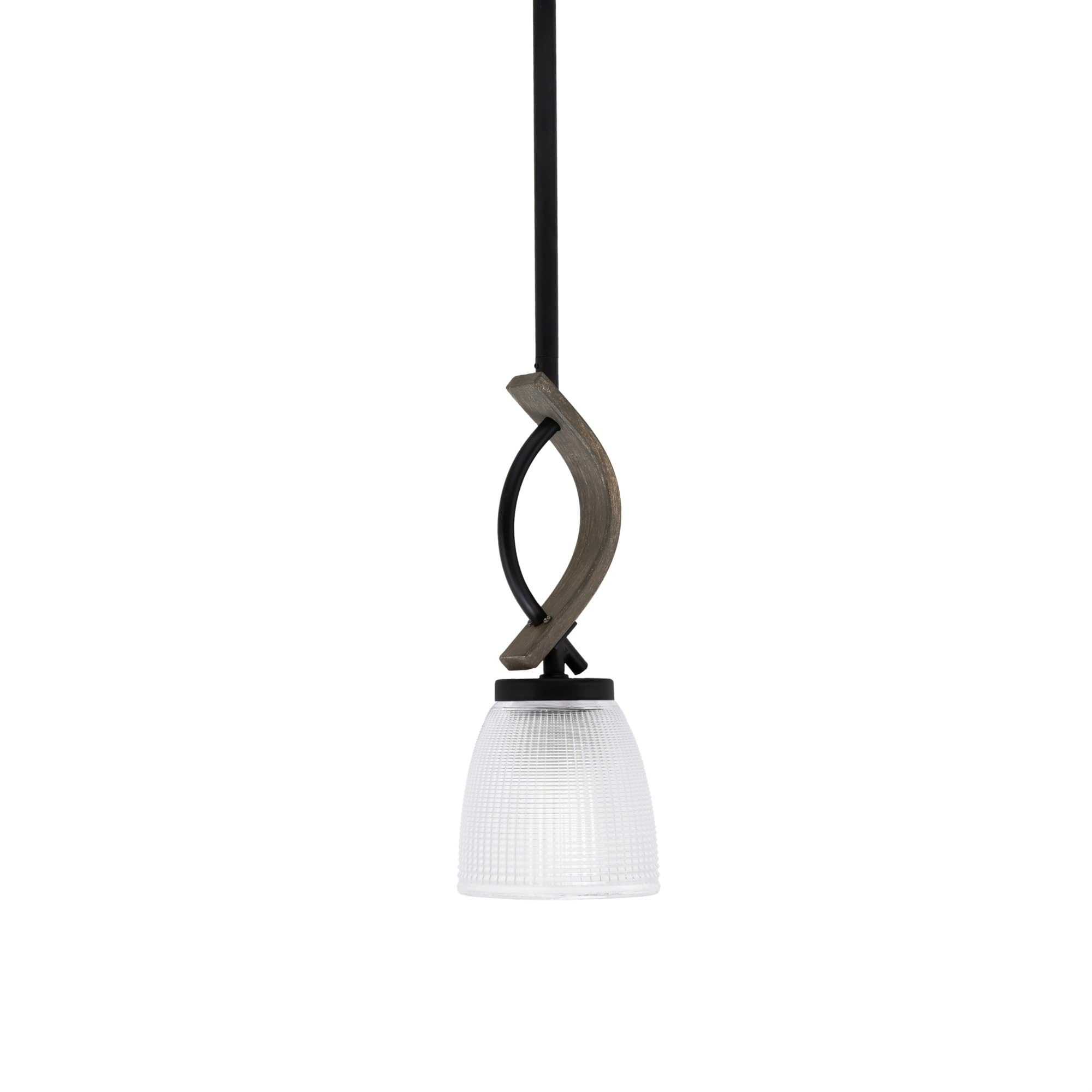 Toltec Lighting Monterey Stem Hung Mini Pendant, Matte Black & Distressed Wood-Look Metal, 5in Clear Ribbed Glass