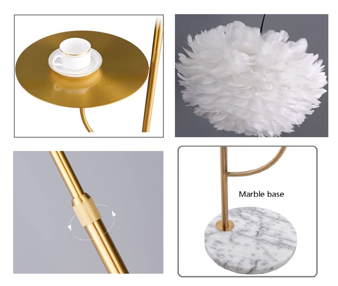 Surpars House White Feather Floor Lamp with Table, Adjustable Height, Gold Finish, Model S0200028