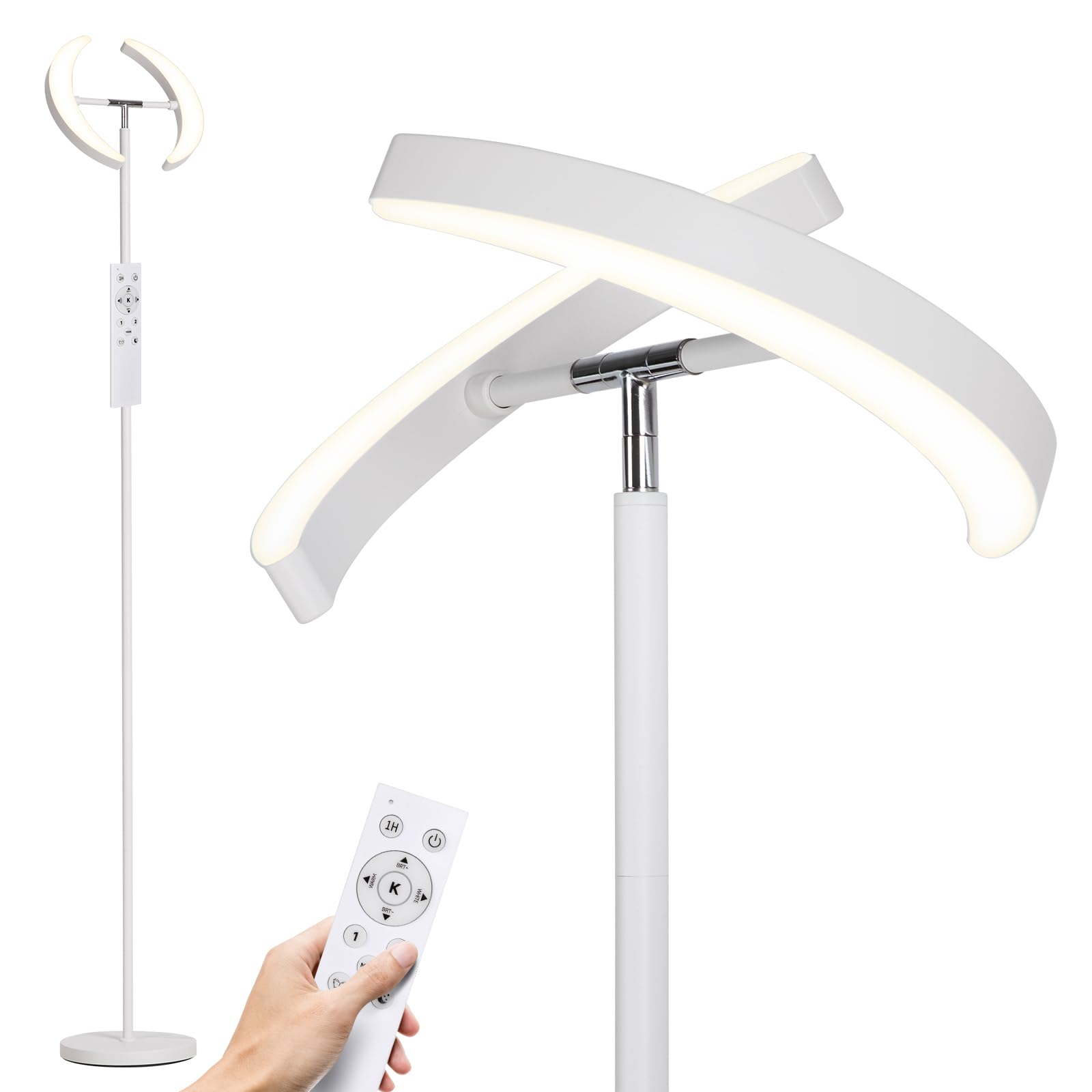 SUNMORY LED Floor Lamp with Remote, 28W, 1600LM, 74in Dimmable Tall Standing Lamp, Modern Iron Design, White, Model FLD-032-XO