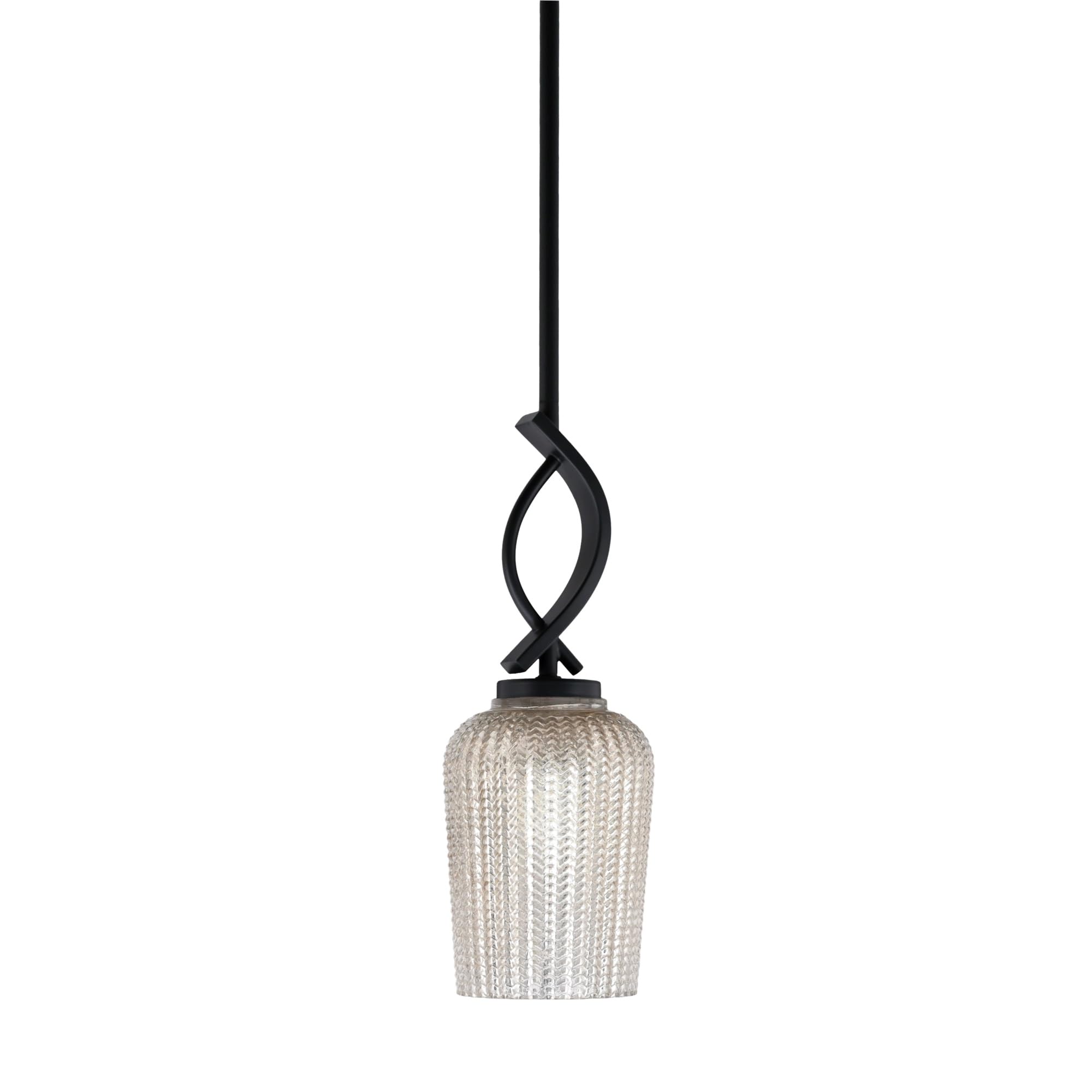 Cavella 1 Light Stem Mini Pendant Shown In Matte Black Finish With 5" Silver Textured Glass