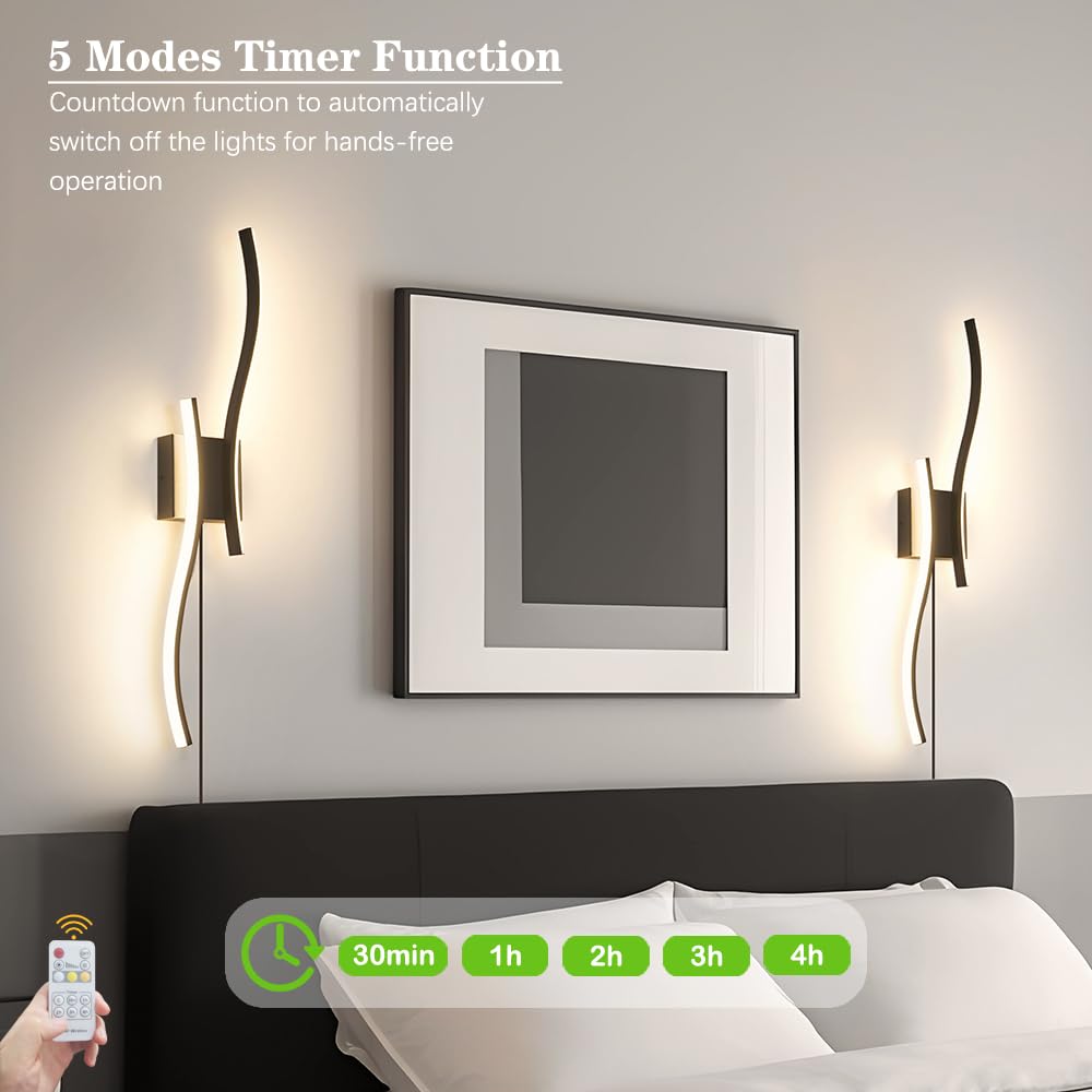 Daunton Modern Plug In Wall Sconce Set Of 2  Black Dimmable Led Wall Light With Remote Control  3Cct Adjustable & Memory Function  Timer  Plug In Cord Wall Lamp For Tv Wall Living Room Hallway Bedroom
