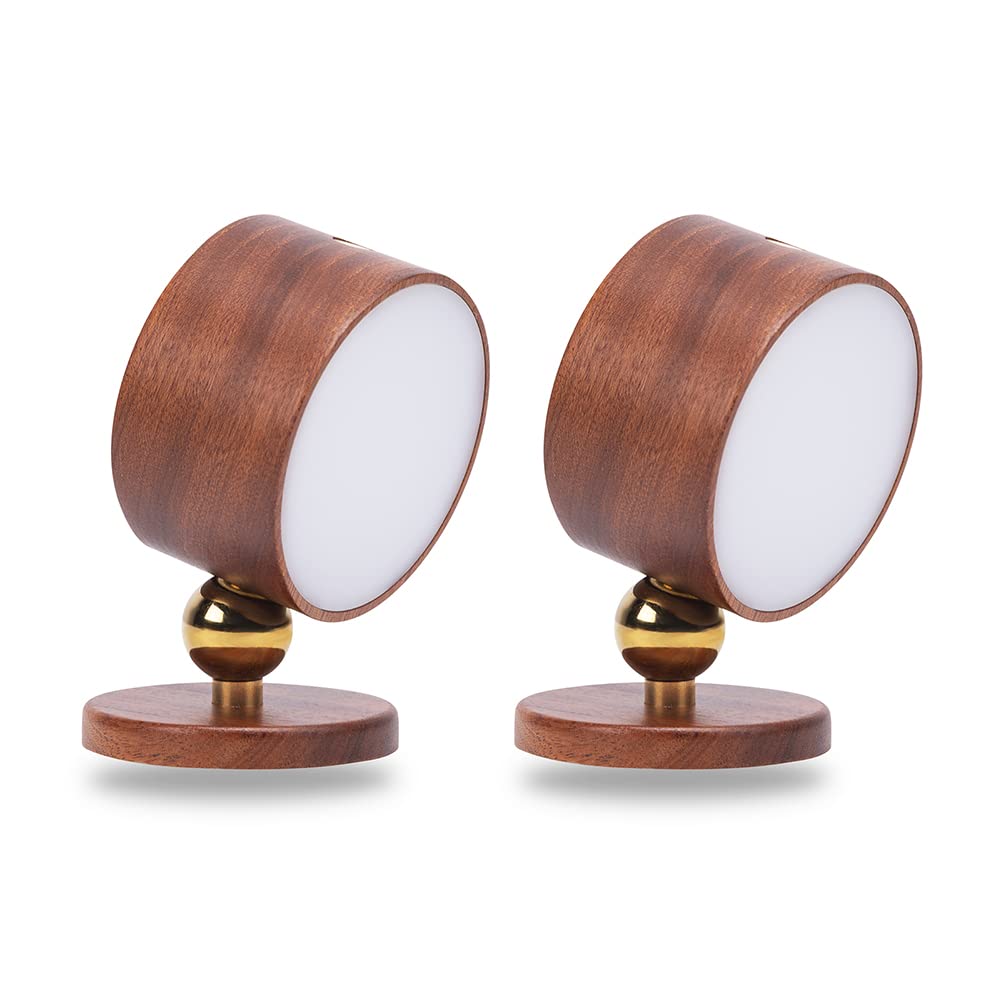 Landgoo Wooden Led Wall Sconce Set Of 2, 360 Rotatable Dimmable Wall Lights Rechargeable Battery Operated Magnetic Night Light F