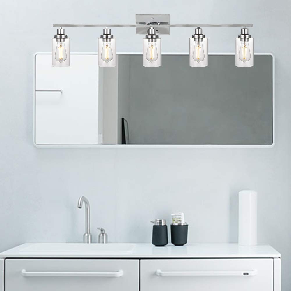 MELUCEE Modern Vanity Lights for Bathroom 5 Lights Chrome Finish with Clear Glass Shade, Contemporary Metal Wall Light Fixtures