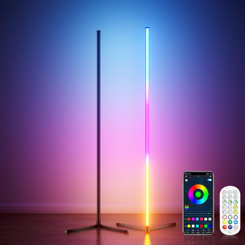 2Pcs Rgb Corner Floor Lamp  64.5 Rgb Color Changing Led Floor Lamp For Living Room App And Remote Modern Light Bar With Music Sync And 16 Million Colors Dimmable Ambient Lighting For Bedroom