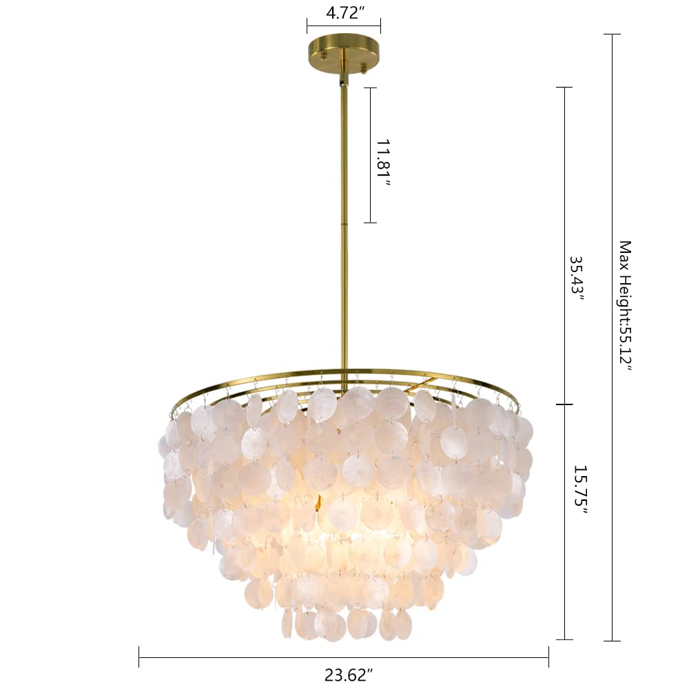Wellmet 6-Light Natural Capiz Shell Chandelier, Gold Coastal Modern Pendant Lighting, W-23.62” for Living Room, Dining Room, Bedroom