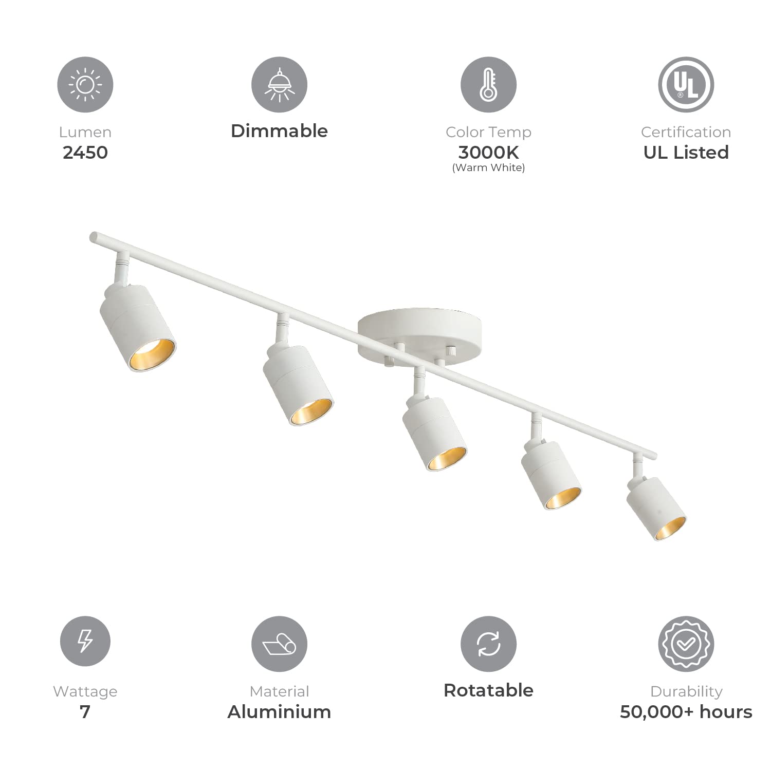 Shura White 5-Light Track Light With Adjustable Heads, Integrated Led Bulbs, 4 Ft. Track Lighting Kit Ceiling Light, 3000K, 2450