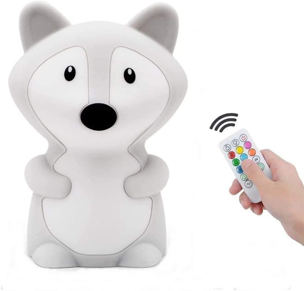 Tianhaixing Animal-Shaped Night Light, Rechargeable LED Silicone Lamp, Adjustable Brightness, 9 Colors, Big Fox, White