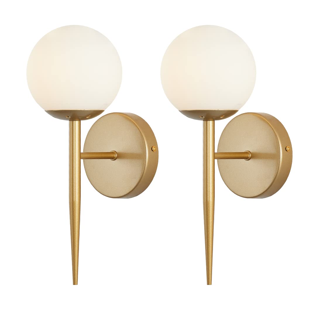 BOKT Mid Century Modern Globe Wall Sconce Set of Two Brushed Brass Bathroom Wall Sconce Light Set of 2 Frosted White Glass Gold 
