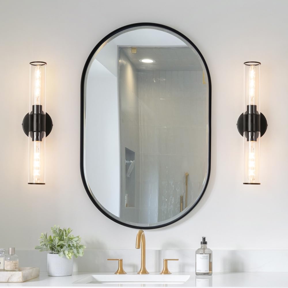 Matte Black Bathroom Sconces Wall Lighting, 2 Light Hardwired Bathroom Vanity Light, Modern Wall Sconce Set Of Two, Wall Mounted