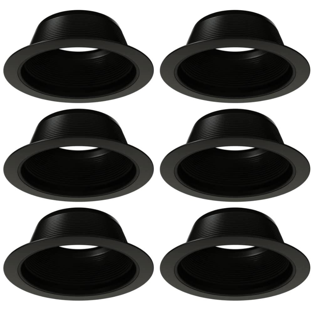 6&quot; Inch Stepped Baffle Trim With 7.25 Inch Goof Plastic Ring, Use With Par 30 Par 38 R30 R40 Br30 Br40 Bulbs, Replace Halo And Juno Light Covers, Black, 6 Pack