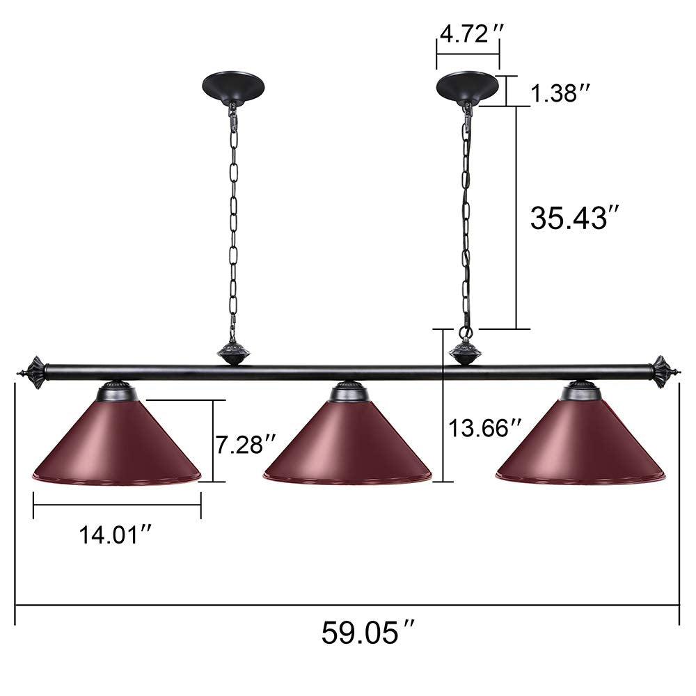 Wellmet Pool Table Lights For 8'/9' Table With 3 Metal Shades, Billiard Lamp For Man Cave, Game Room, Kitchen Island Light For R