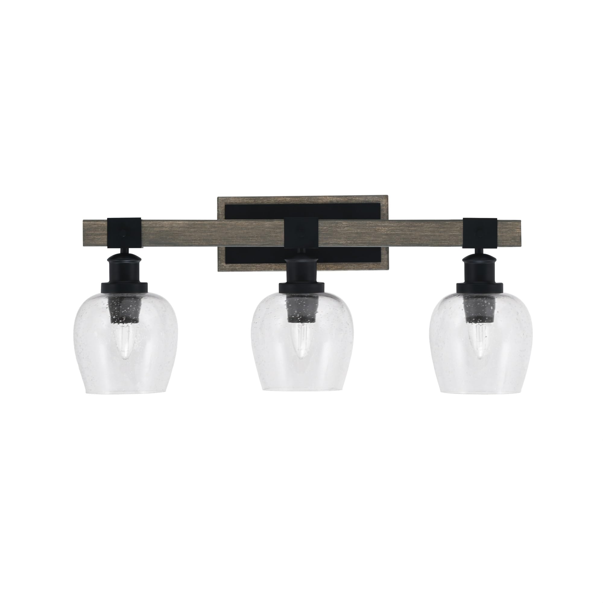 Tacoma 3 Light Bath Bar, Matte Black & Painted Distressed Wood-Look Metal Finish, 6" Clear Bubble Glass