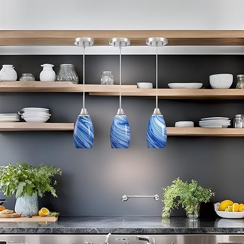 Viinew Mini Glass Pendant Light 1Pack Dark Blue Marble Art Glass Pendant Lights Kitchen Island Brushed Nickel Finish Hanging Lig