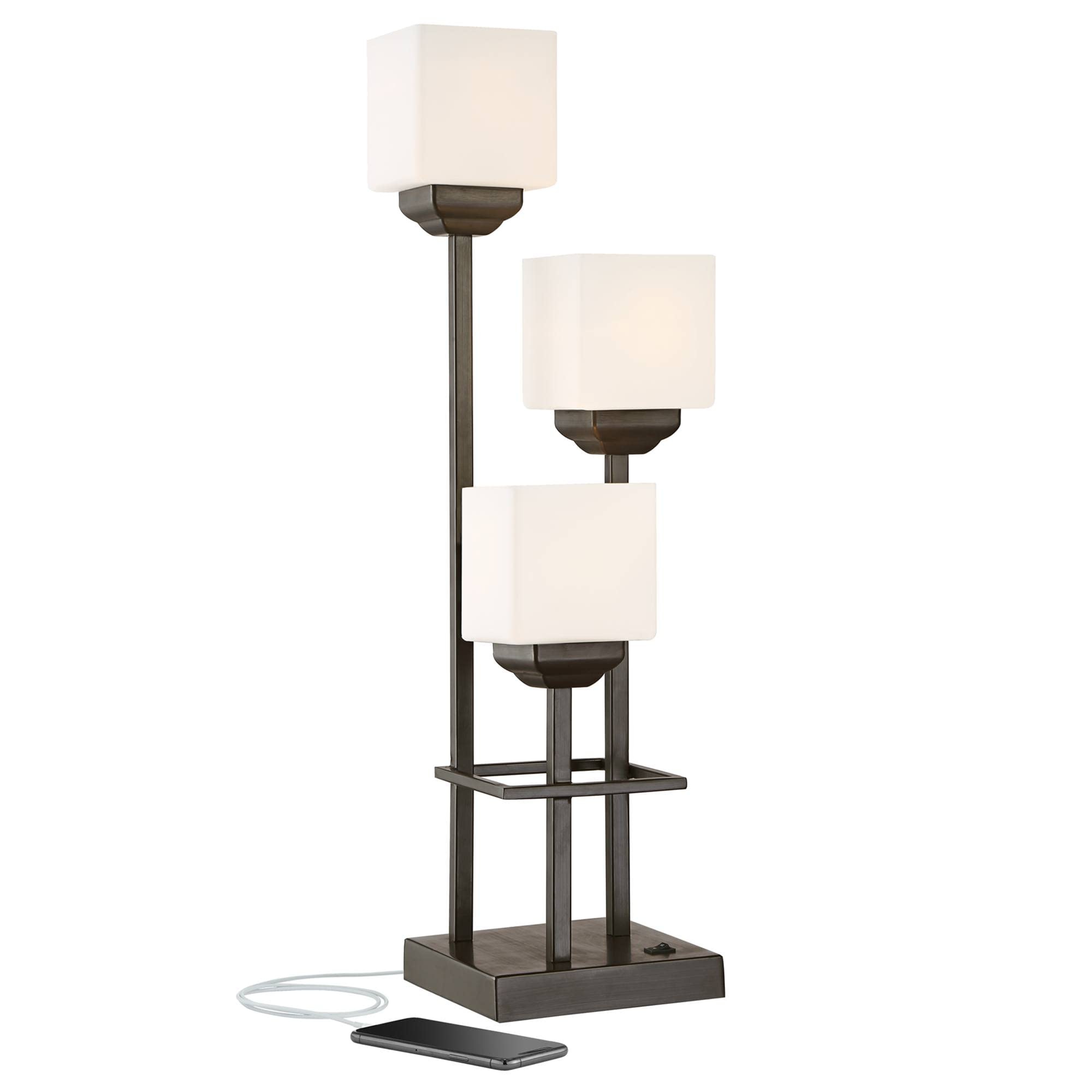Franklin Iron Works Modern Console Table Lamp 29 1/2'' Tall With Usb Charging Port Bronze Metal White Glass Square Shade For Bed