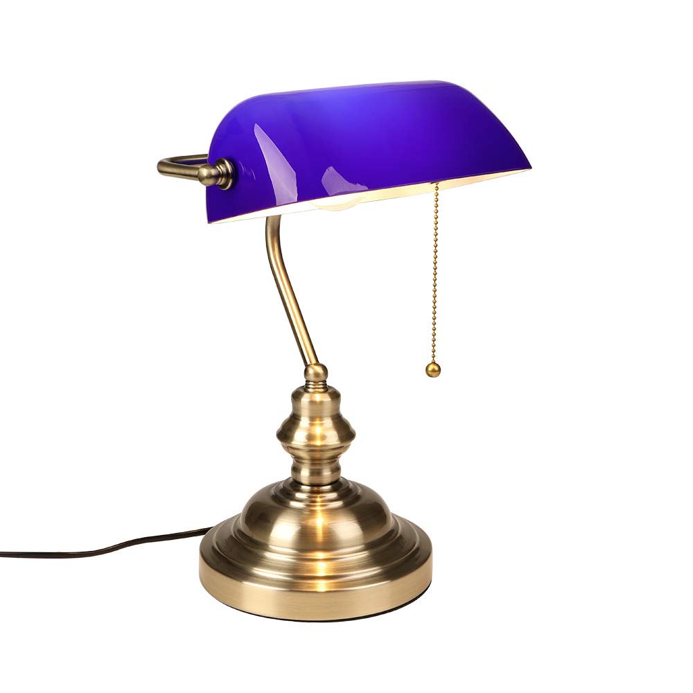 Firvre Blue Glass Bankers Desk Lamp Bright Executive Table Lamp Bronze Finish Basis With Pull Chain Switch E26 For Bedroom Bedsi