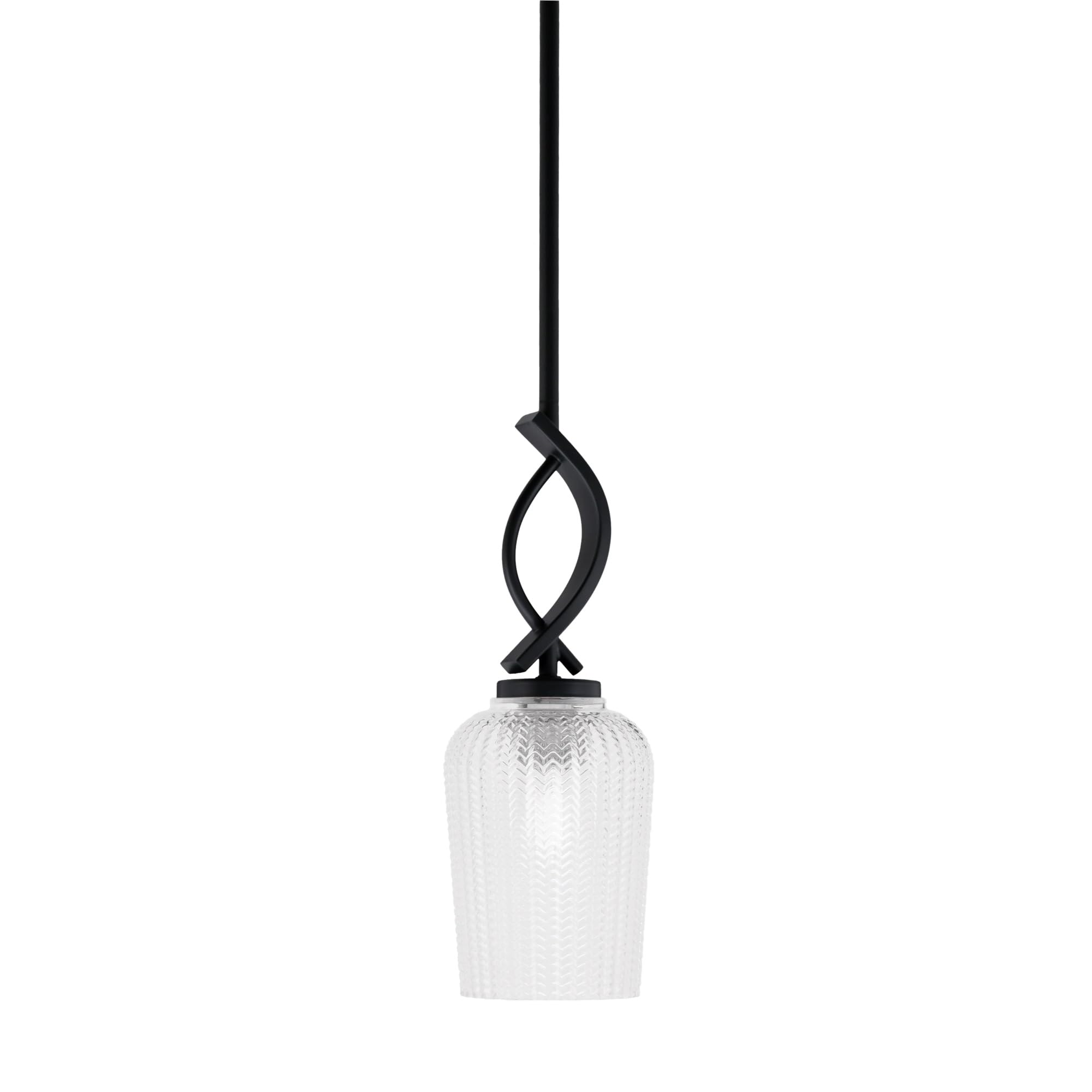 Cavella 1 Light Stem Mini Pendant Shown in Matte Black Finish with 5&quot; Clear Textured Glass
