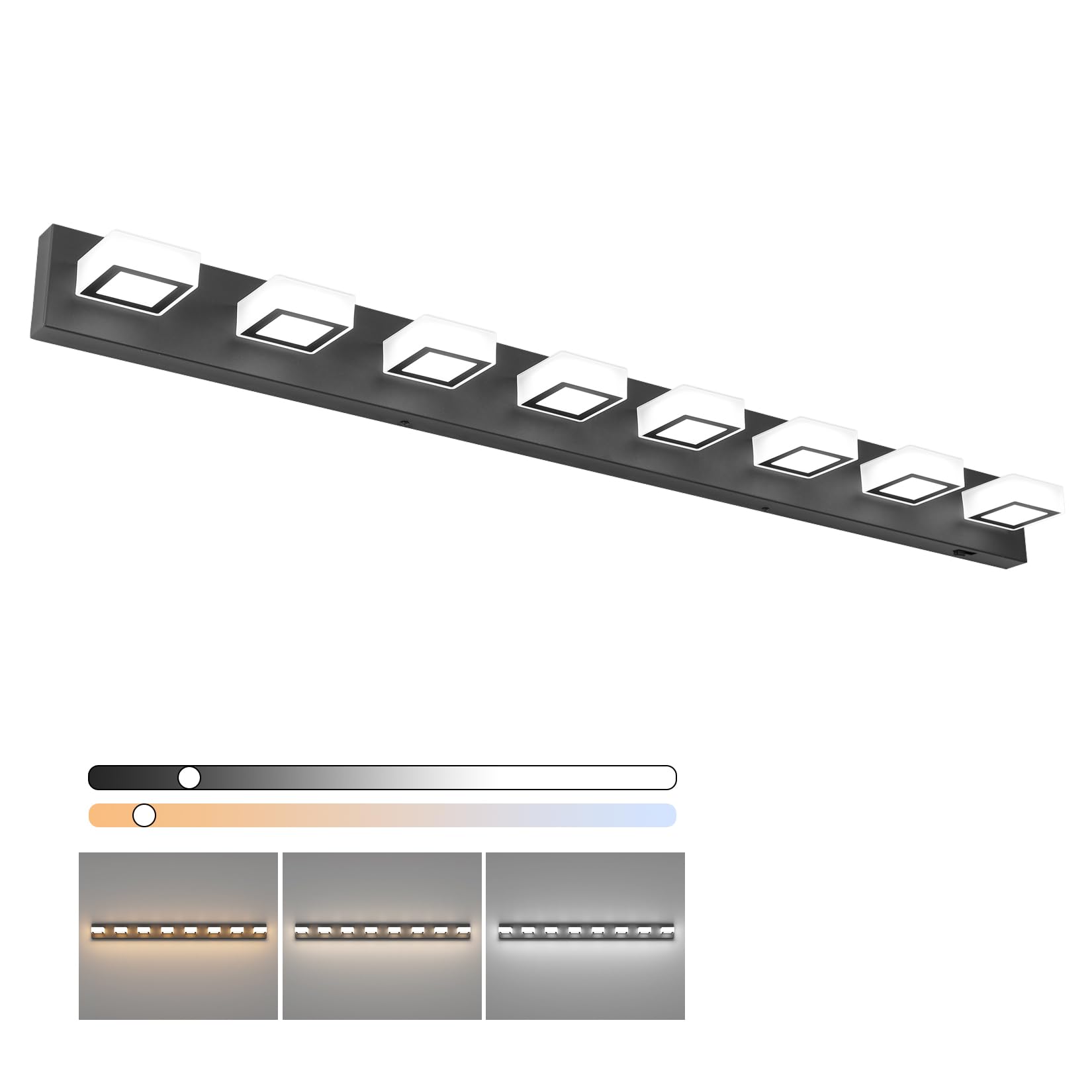 Ralbay 52-Inch Black LED Vanity Light Fixture, 8 Lights, Dimmable, 5 Color Temperature, Modern Acrylic Design