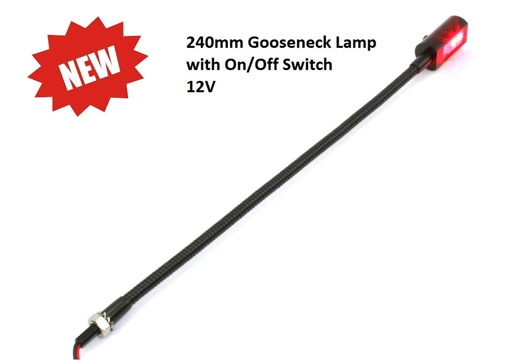 PilotLights Mini Gooseneck Panel Light - 240mm, RED LED, 12VDC, Black Aluminum, MGLS-240mm-Switch
