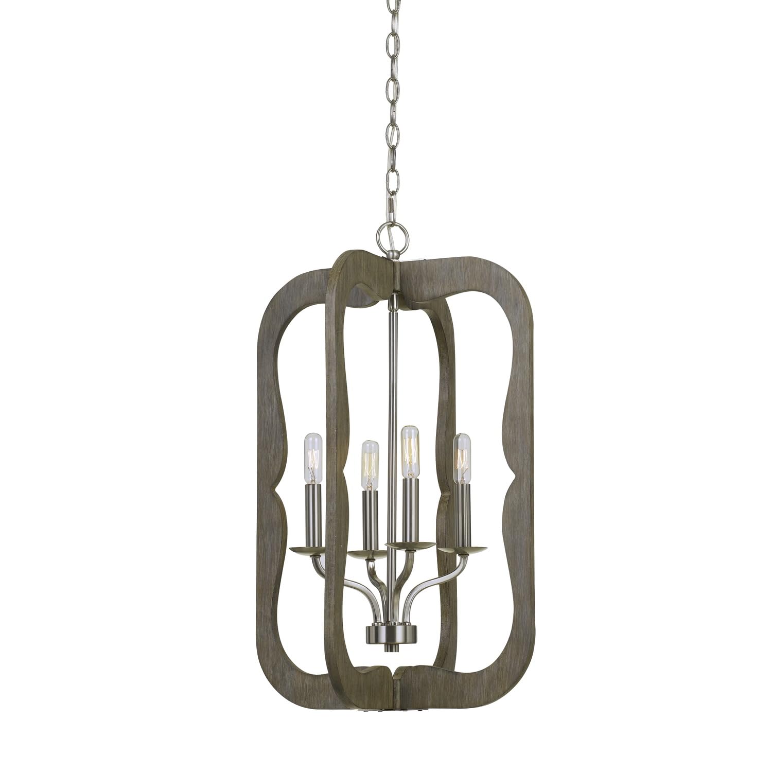 Benjara Wooden Cut Out Design Frame Pendant Fixture With Chain, Distressed Brown