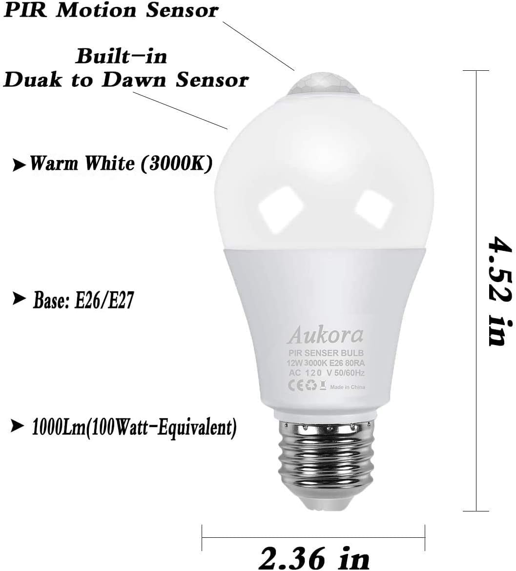 Aukora Motion Sensor Light Bulb, 12W (100W Equivalent), E26, Warm White, 1 Pack, Indoor/Outdoor Security Lighting