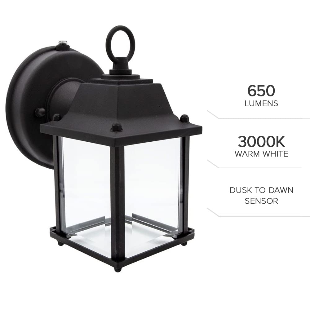 Maxxima LED Porch Lantern - Black Outdoor Wall Light, 3000K Warm White, 650 Lumens, Dusk to Dawn Sensor, Model 43237-2