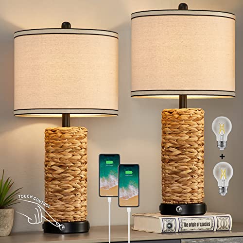 GyroVu Rattan Table Lamp Set of 2 - 3 Way Dimmable Touch, 2 USB Ports, AC Outlet, Wicker Design for Bedroom & Living Room