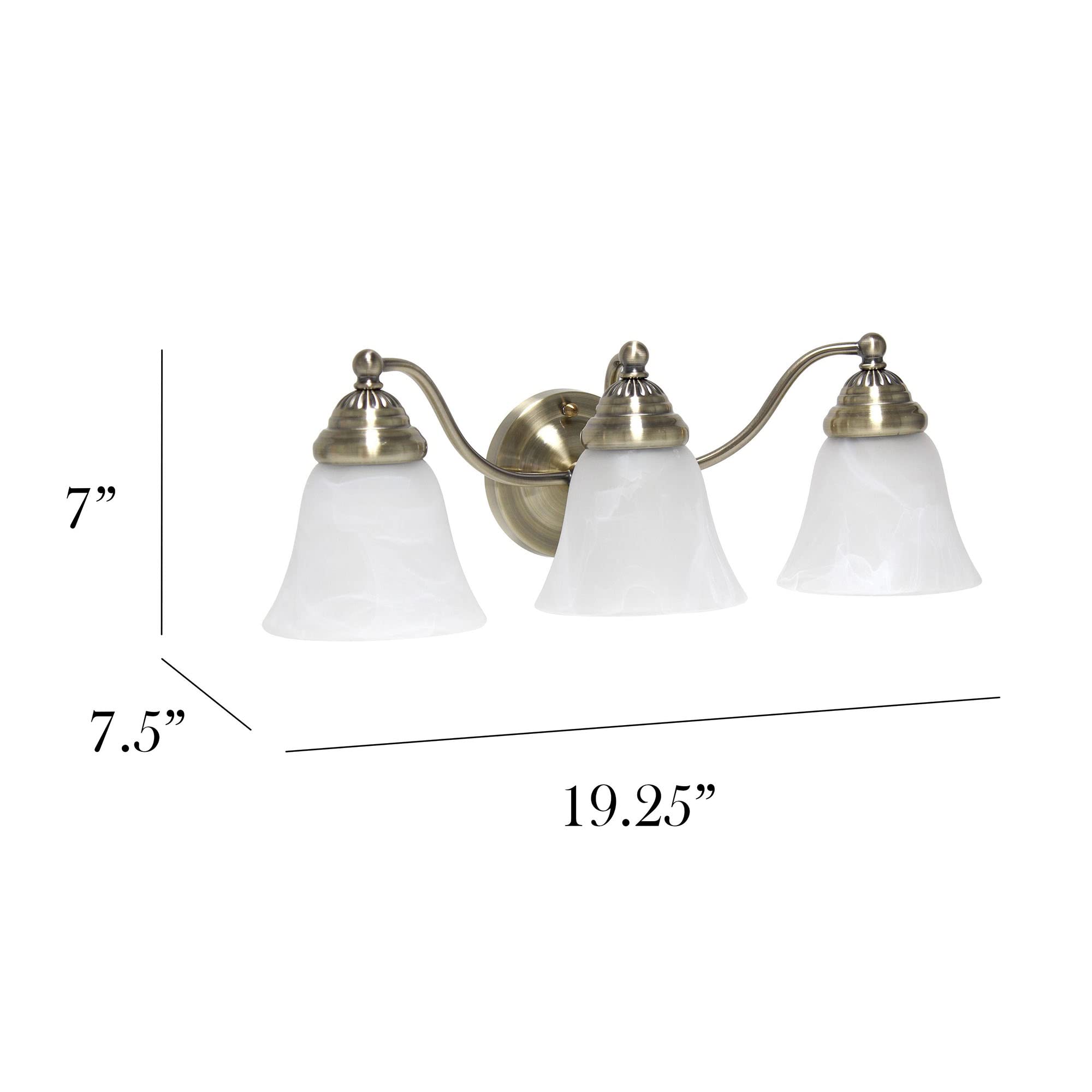 Simple Designs Vanity Fixture - 3 Light Metal with Frosted Marble Glass Shades - Antique Brass - Model VT1023-ABS - 19.25in Width