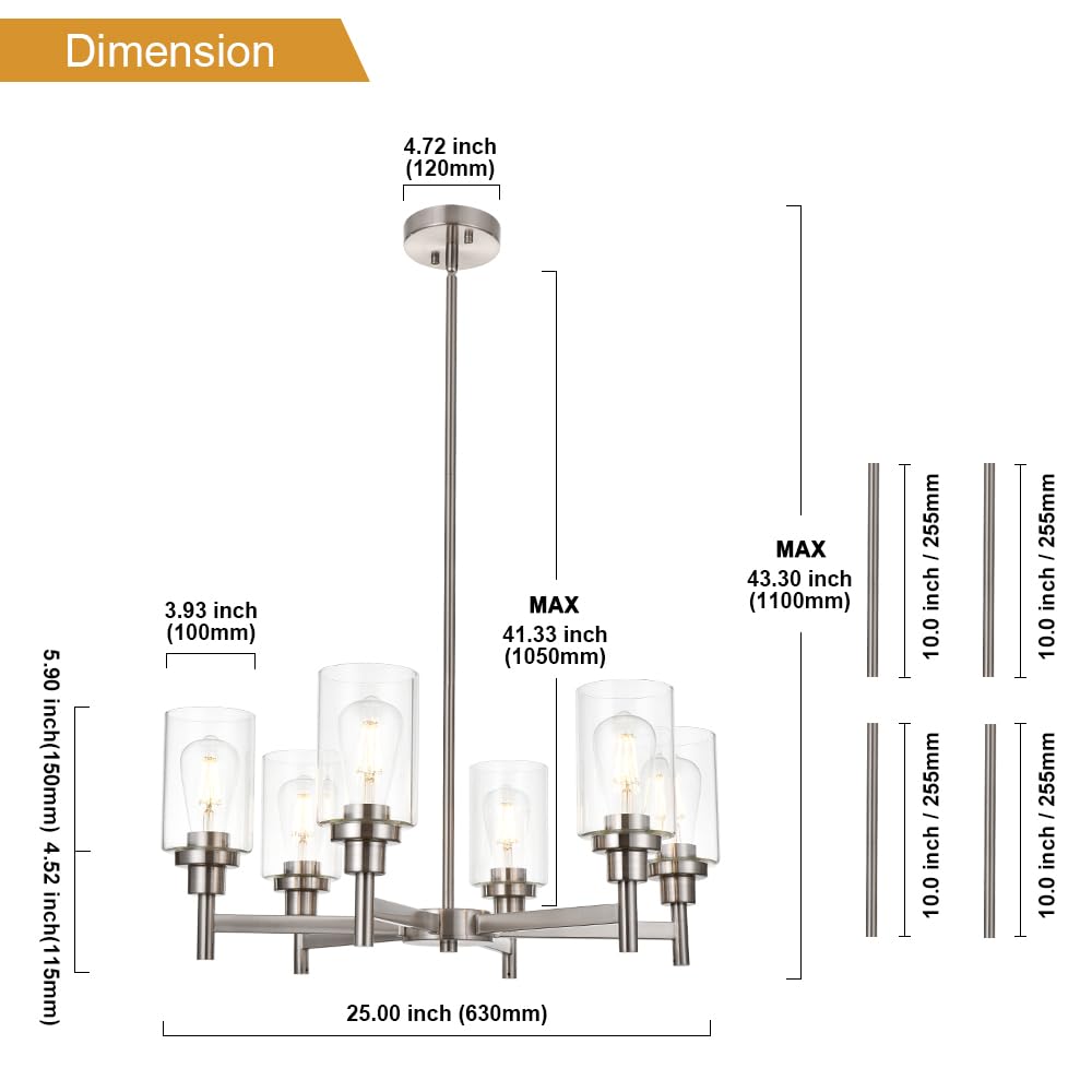 VINLUZ 6 Light Contemporary Chandelier Brushed Nickel Modern Pendant Lighting Cylinder Clear Glass Shaded Classic Ceiling Light