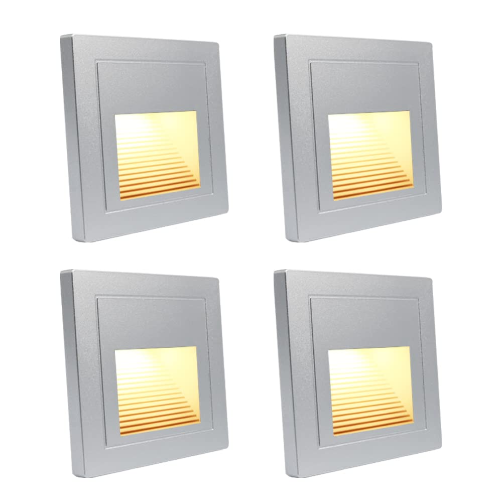 Arotelicht 4Pcs LED Step Light, Warm White 3000K, Recessed Wall Light, ABS Plastic, Silver, Model RWPS12-4