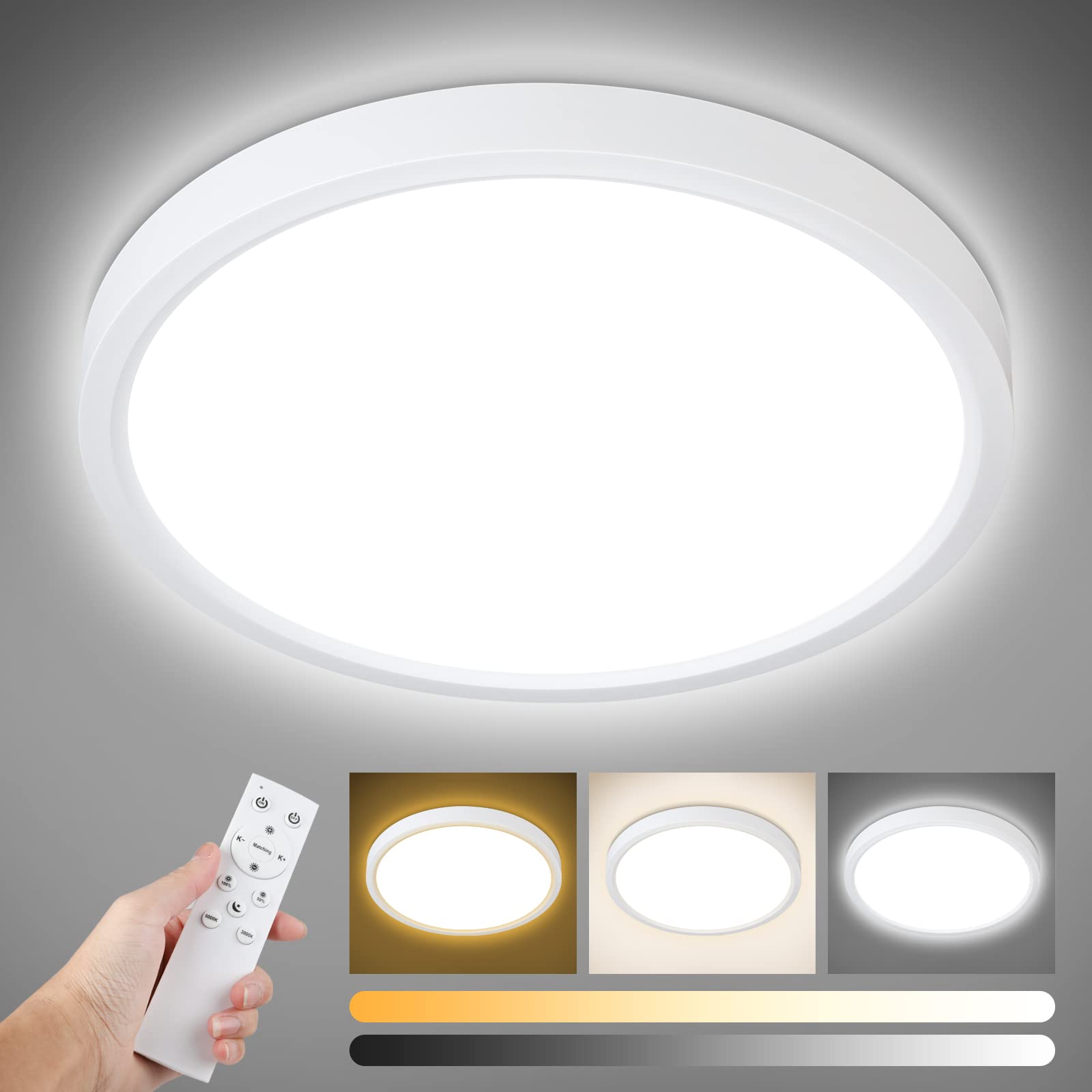 Unicozin Dimmable LED Flush Mount Ceiling Light, 12Inch 24W, Color Changing 3000K-6000K, Round, White, Model RJ-C24RRe