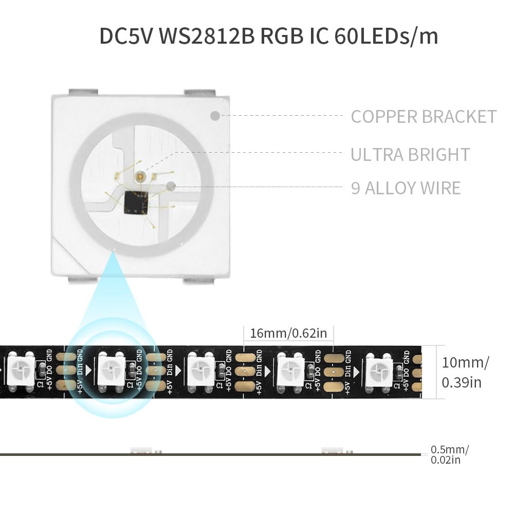 Loamlin Ws2812B Ic Rgb 5050Smd Eco Individual Addressable Led Strip Light, 16.4Ft 300Led 60Led/M Flexible Full Color Ip30 Dc5V B