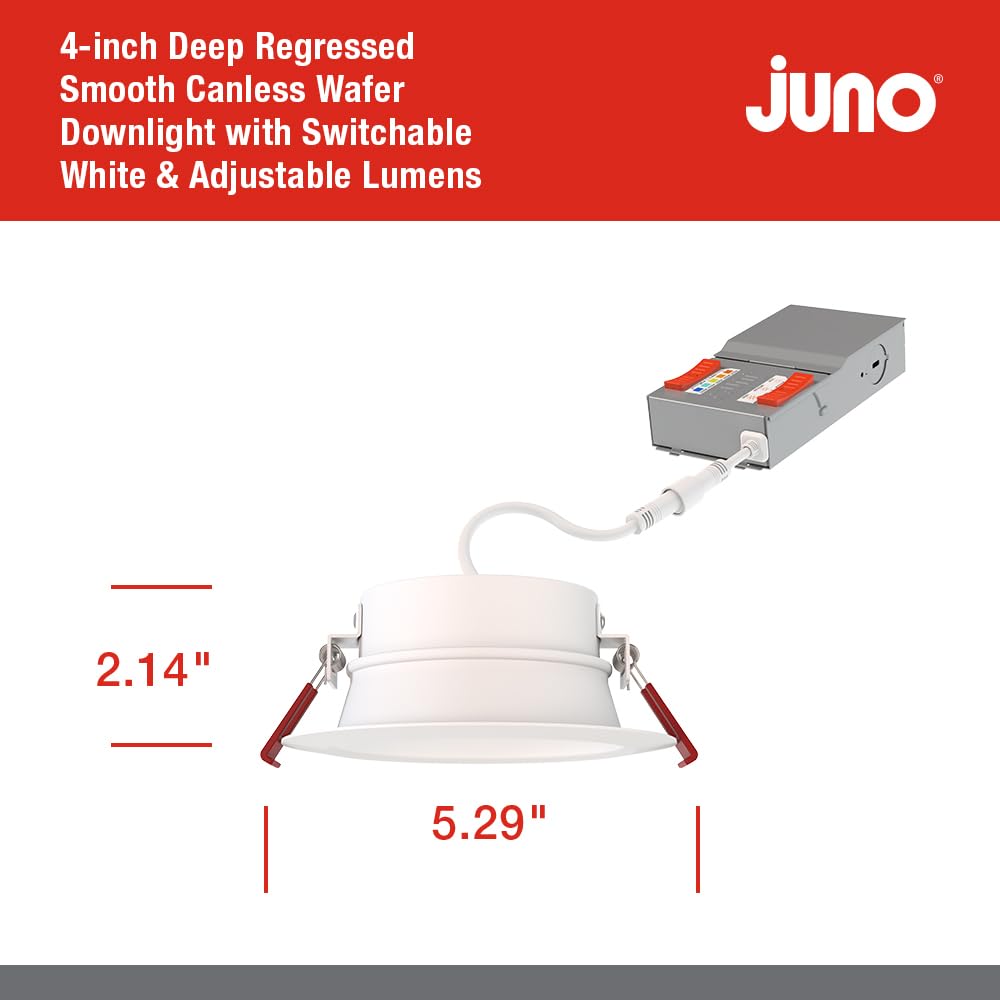 Juno Canless LED Wafer Light - 4-Inch Round Downlight, Switchable Color Temp 2700K-5000K, Matte White, Model WF4 DREG SM ALO