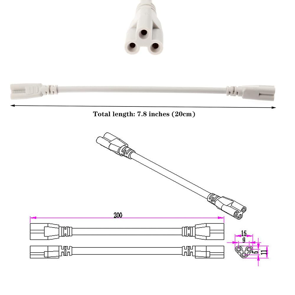 Zyamy 4Pcs T5 T8 Led Double End 7.8'' 3Pin Lamp Connecting Wire Ceiling Lights Daylight Led Integrated Tube Cable Linkable Cords