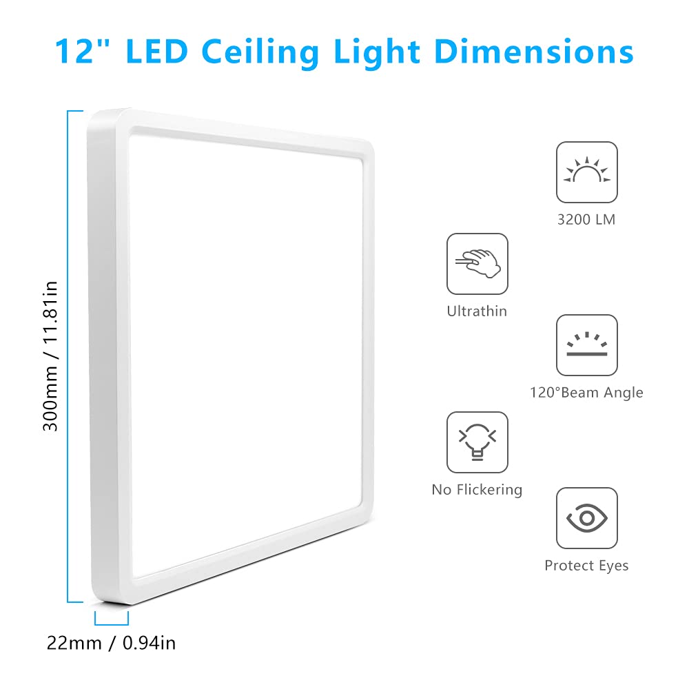 12Inch 24W Square Led Ceiling Light Fixtures Flush Mount  4000K Natural White Led Ceiling Lamp  Surface Mount Modern Ceiling Lights  Slim Flat Panel Lighting For Bedroom  Kitchen  Bathroom Etc.