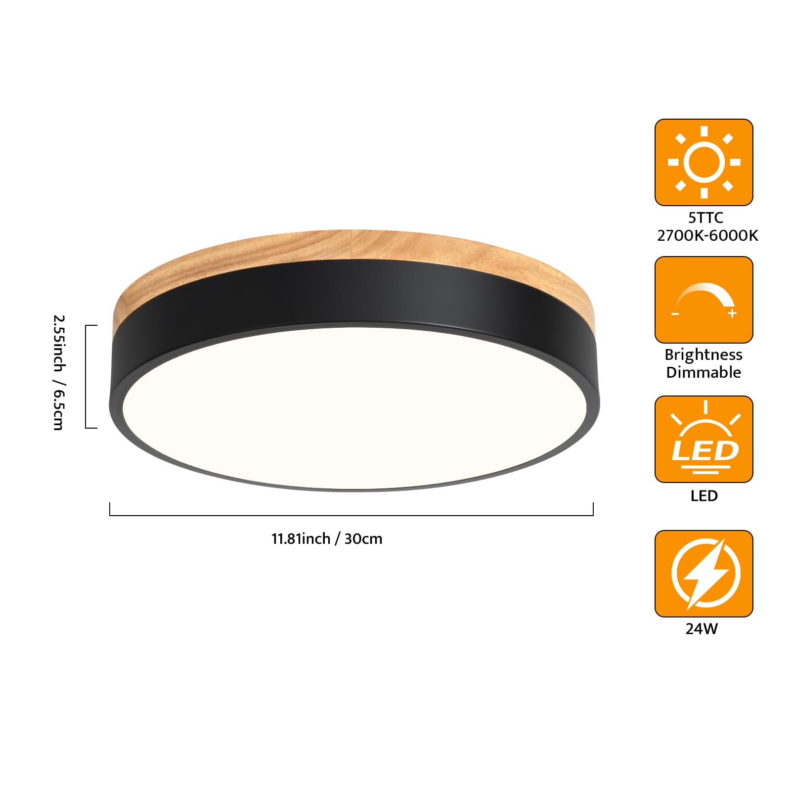 Yiisem Dimmable Wood LED Ceiling Light, 11.8in, Black, 5CCT 2700K-6000K, Modern Flush Mount Lamp for Bedroom, Kitchen, Hallway